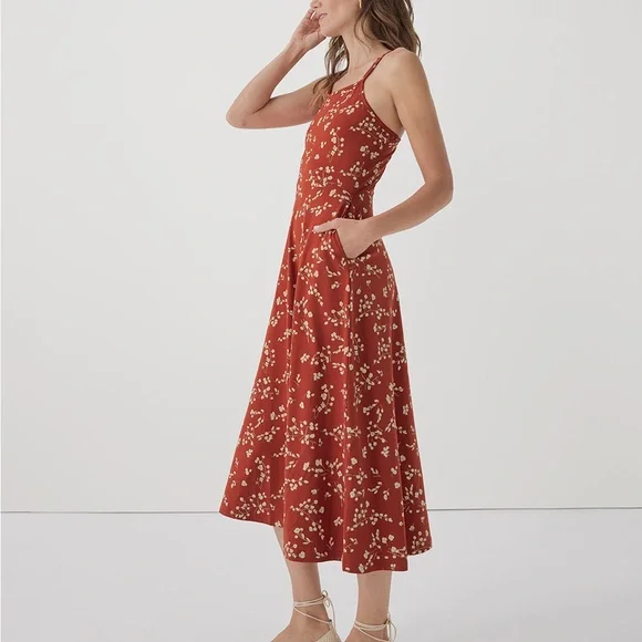 Pact Organic: Elegant Red Floral Midi Dress - Picture 2 of 6